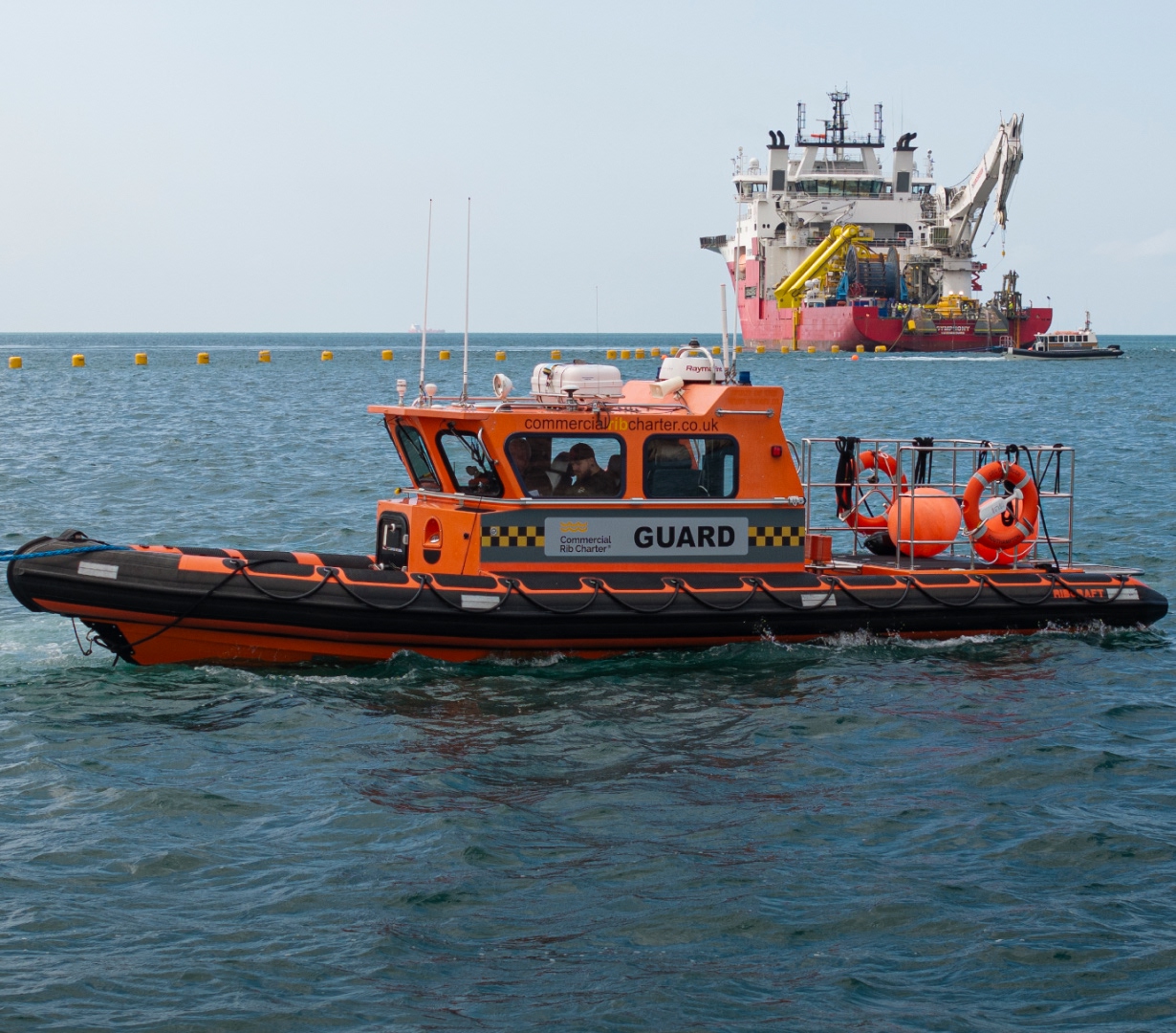 Solent Rib Charter guard vessel providing marine safety cover near offshore construction operations, ensuring secure exclusion zones at sea.